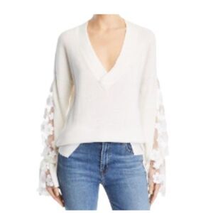 French Connection Caballo Floral-lace Sleeve Sweater In Winter White Large NWT